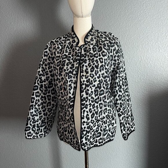 CHICO'S Animal Leopard Print - Black & Gray Sheer Lined Short Open Front Mobwife - Picture 1 of 10